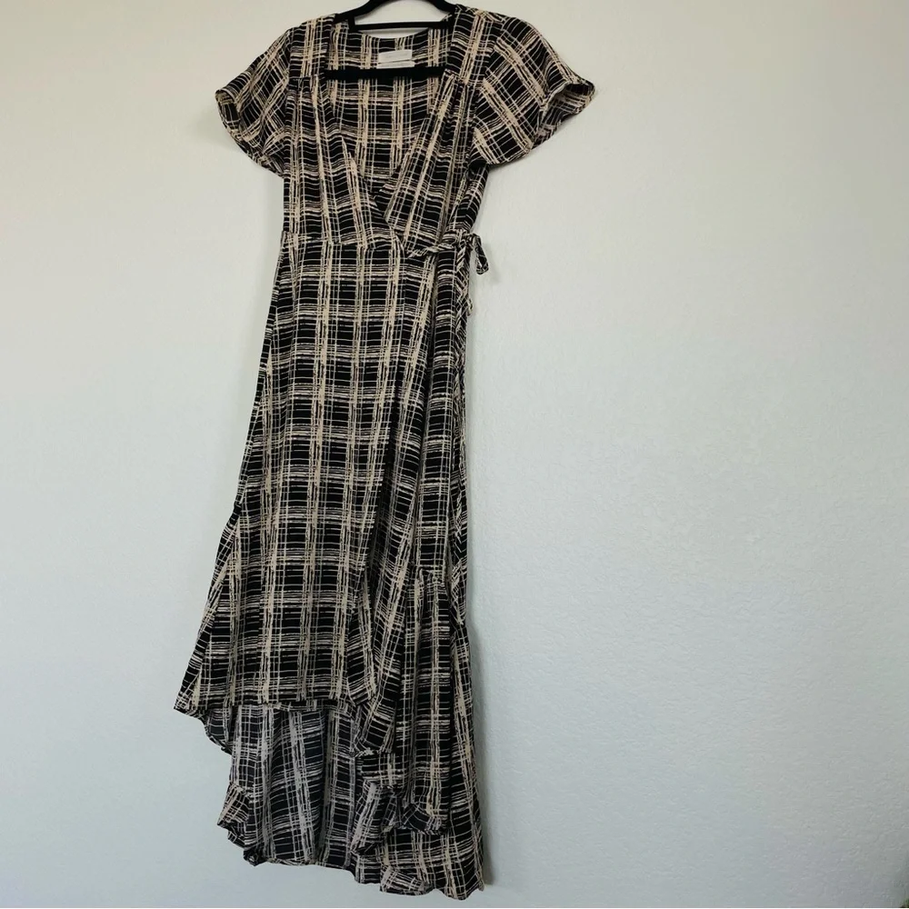 URBAN OUTFITTERS • Black and Cream Plaid Print Wrap Midi Dress • Small